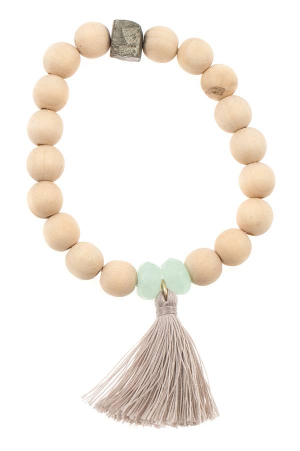 Ladies wood bead tassel link bracelet