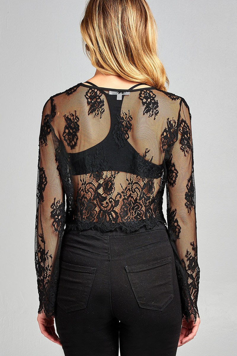 Ladies fashion long sleeve round neck scallop lace hem crop top