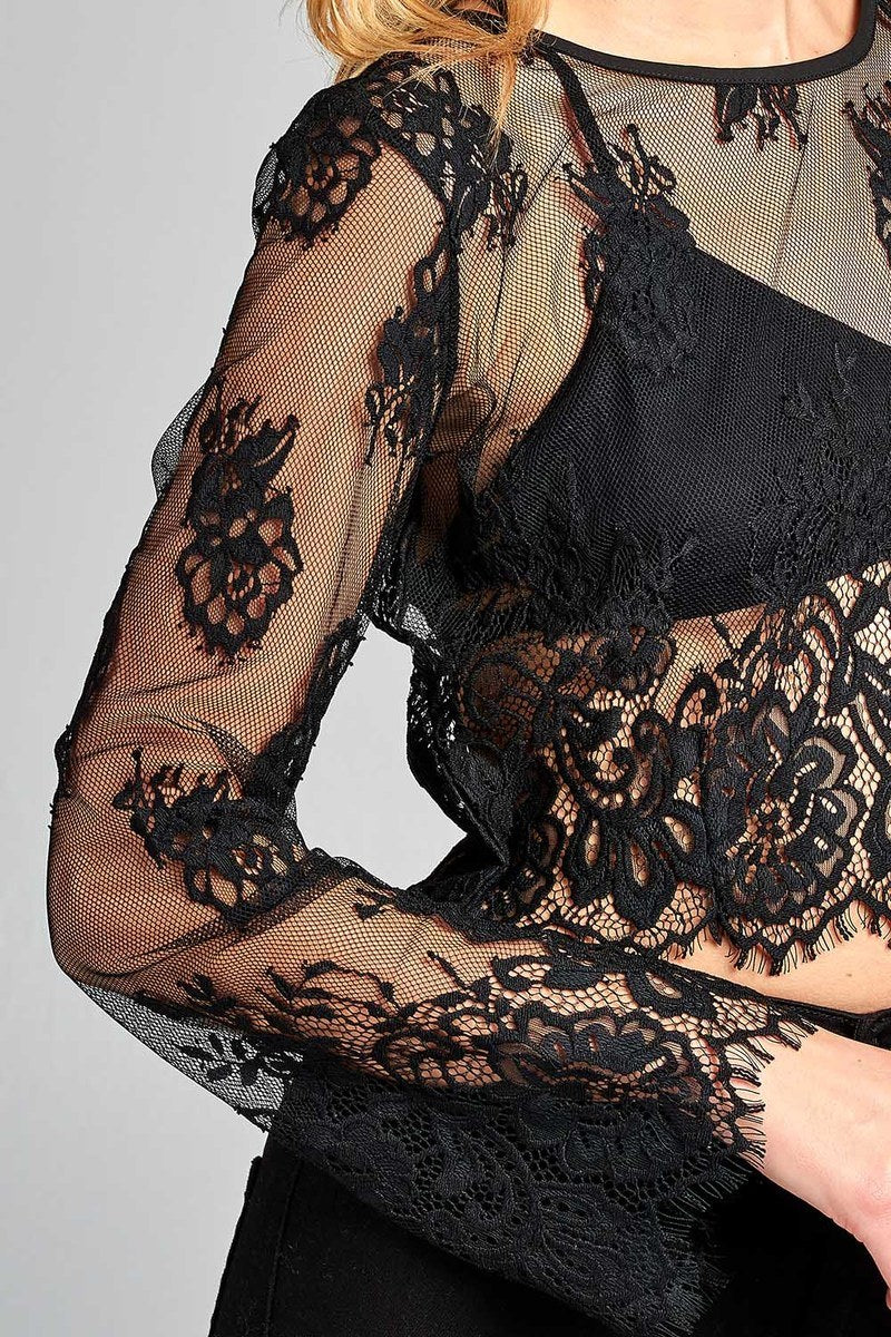 Ladies fashion long sleeve round neck scallop lace hem crop top