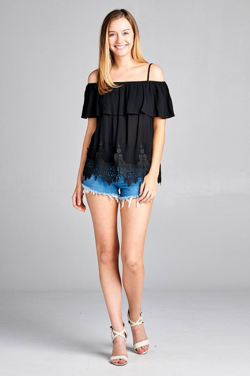 Ladies fashion flounce open shoulder w/hem crochet lace crinkle gauze woven top