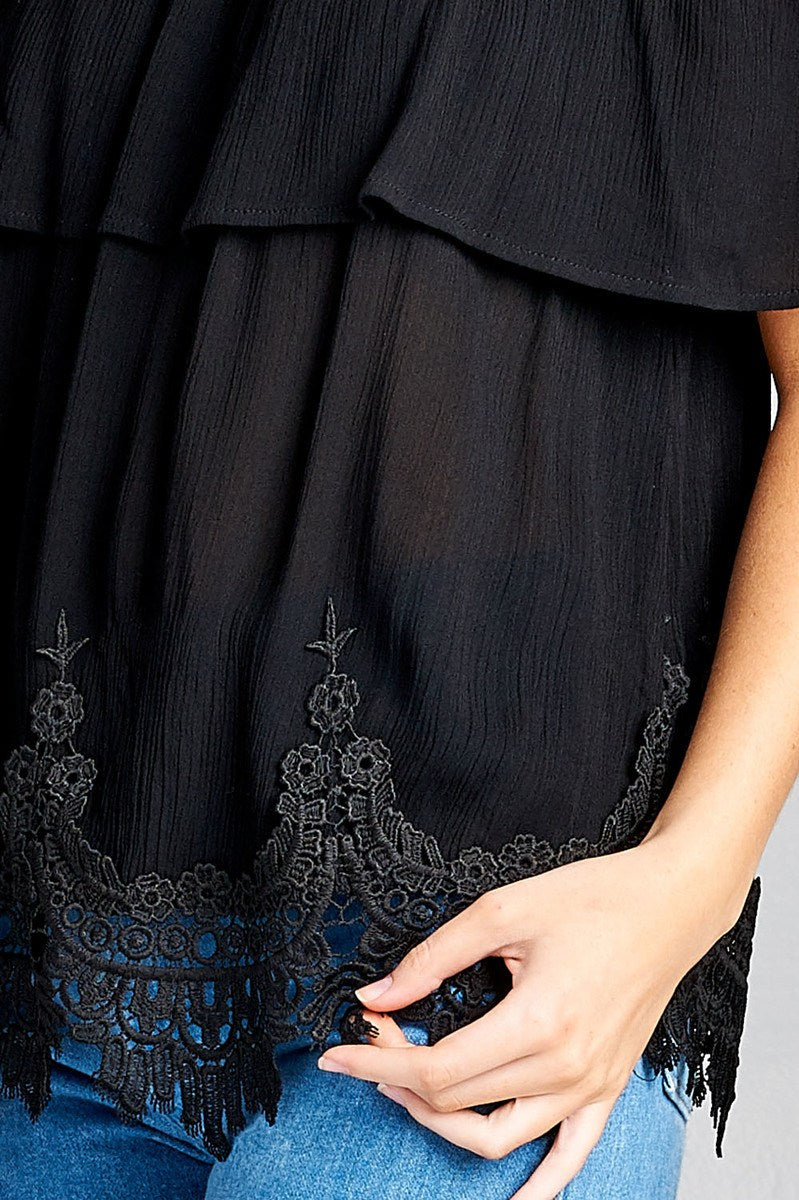 Ladies fashion flounce open shoulder w/hem crochet lace crinkle gauze woven top