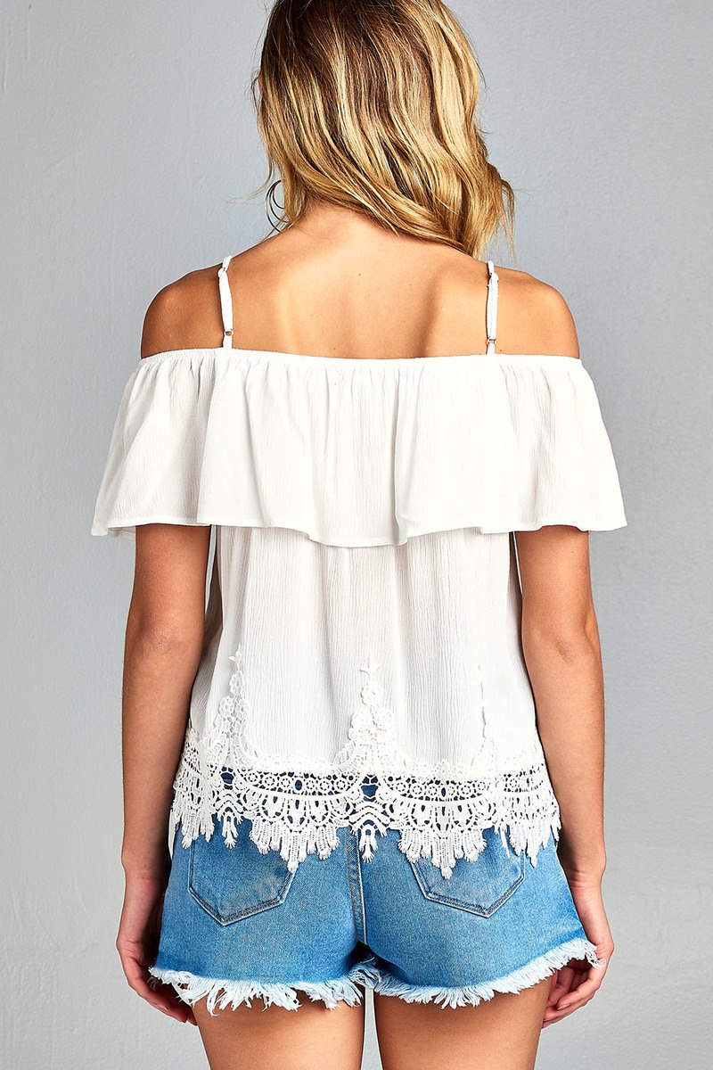 Ladies fashion flounce open shoulder w/hem crochet lace crinkle gauze woven top