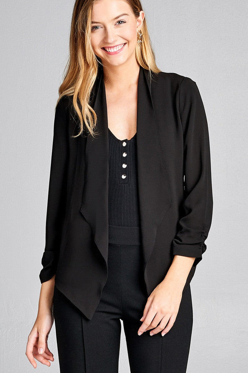 Ladies fashion shirring sleeve open front w/lapel woven jacket