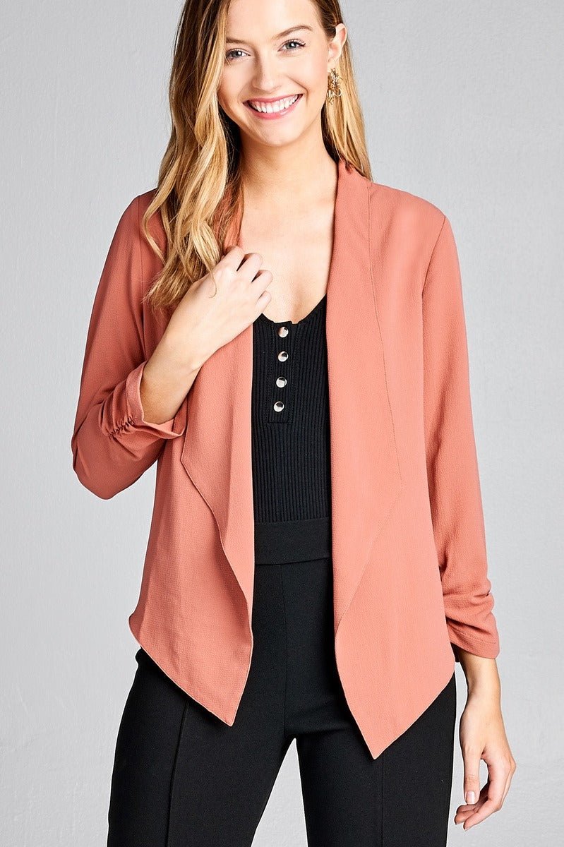 Ladies fashion shirring sleeve open front w/lapel woven jacket