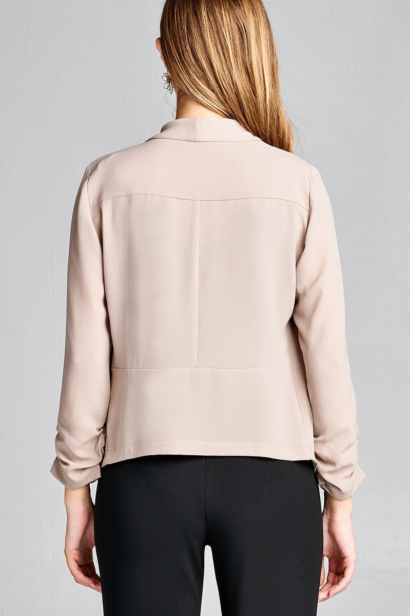 Ladies fashion shirring sleeve open front w/lapel woven jacket