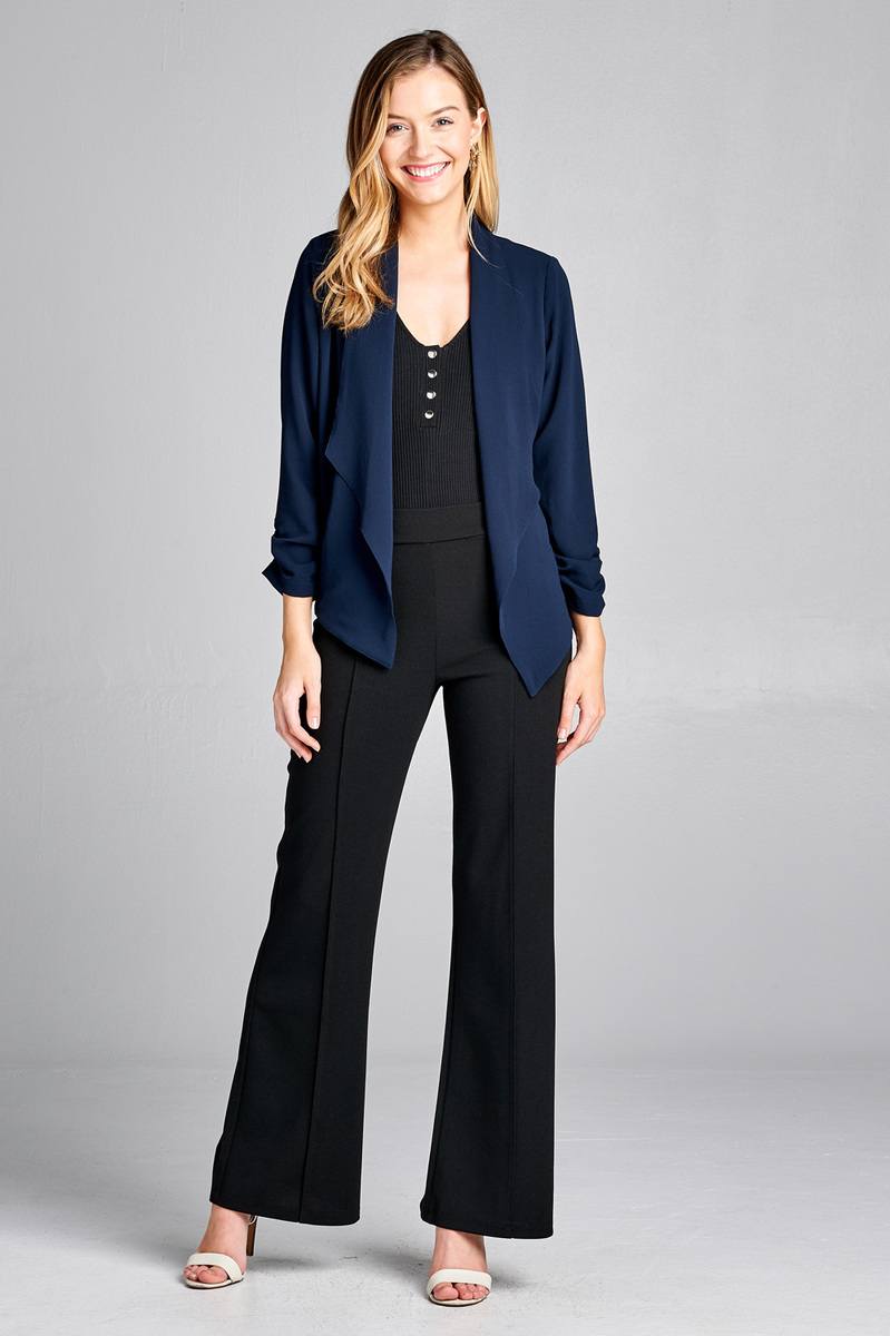 Ladies fashion shirring sleeve open front w/lapel woven jacket