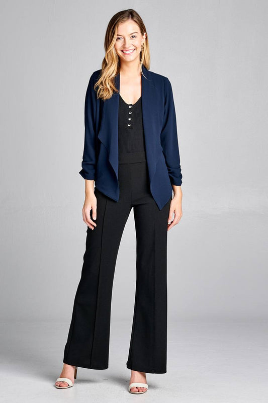 Ladies fashion shirring sleeve open front w/lapel woven jacket