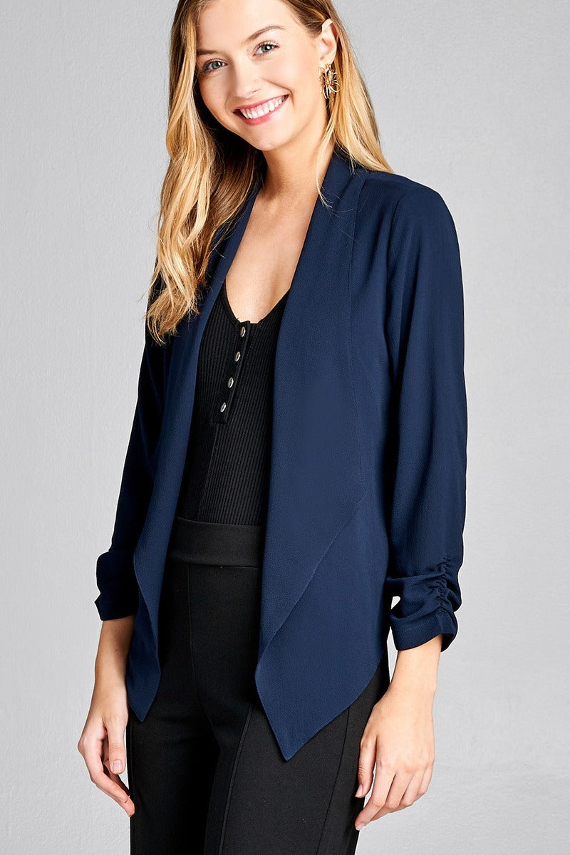 Ladies fashion shirring sleeve open front w/lapel woven jacket