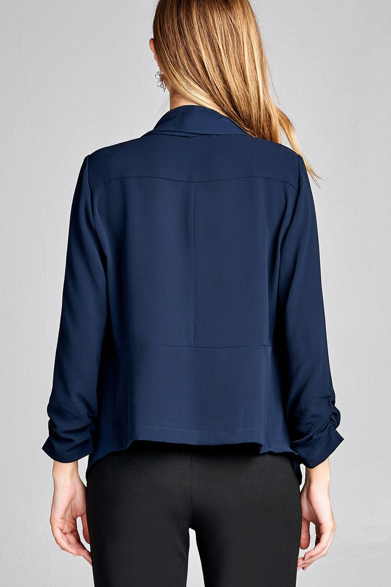 Ladies fashion shirring sleeve open front w/lapel woven jacket