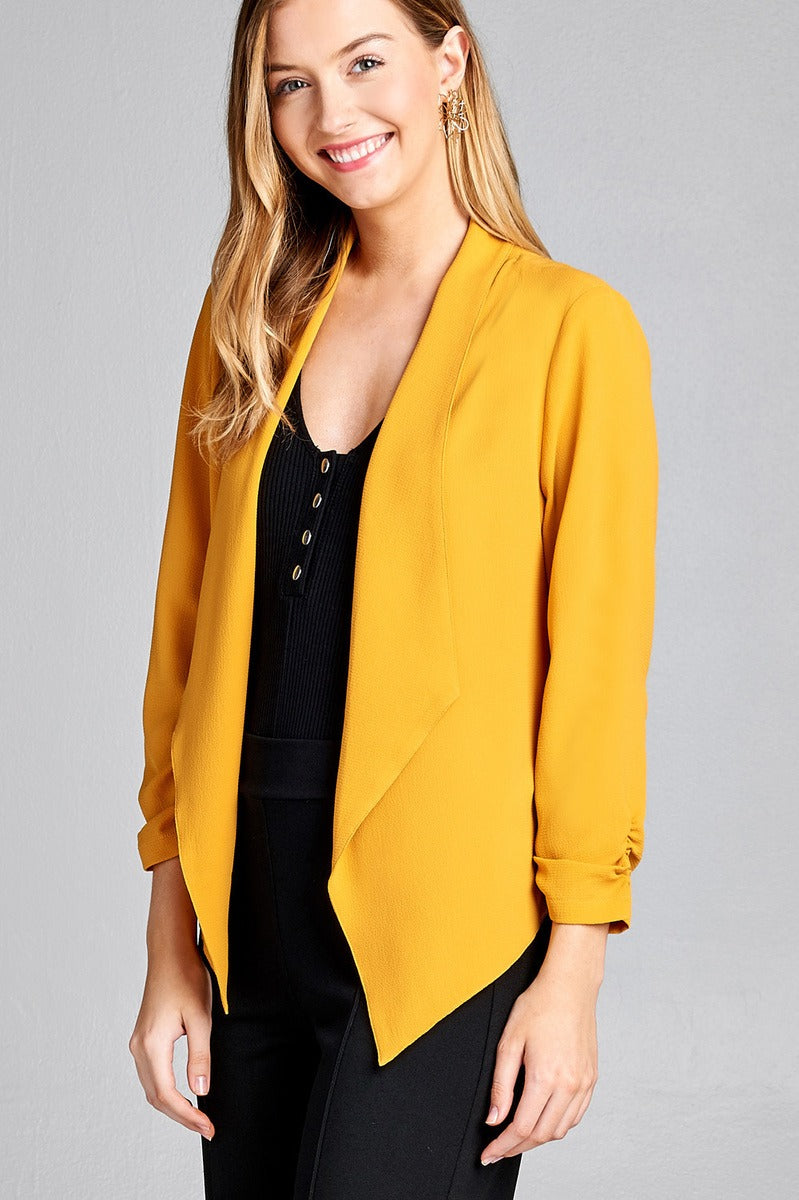 Ladies fashion shirring sleeve open front w/lapel woven jacket