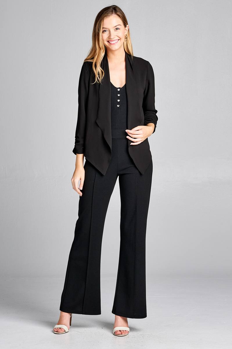Ladies fashion shirring sleeve open front w/lapel woven jacket