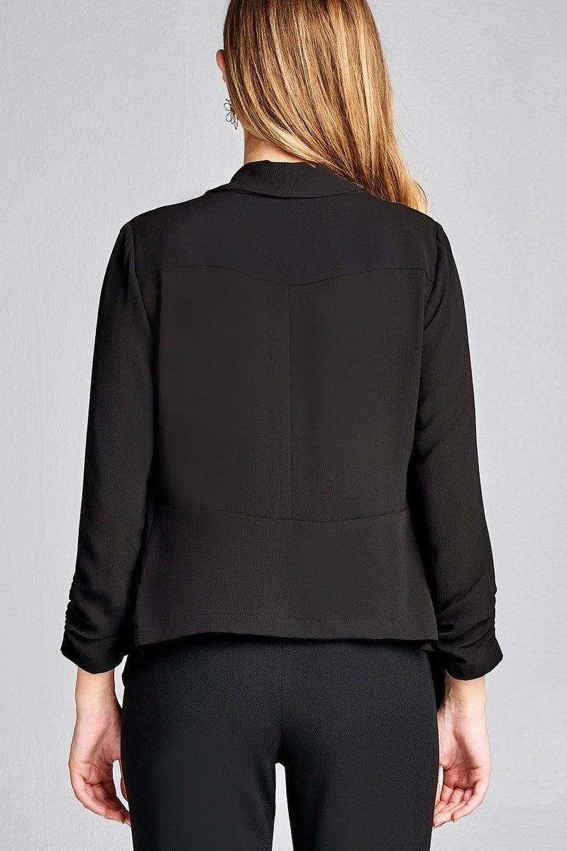 Ladies fashion shirring sleeve open front w/lapel woven jacket