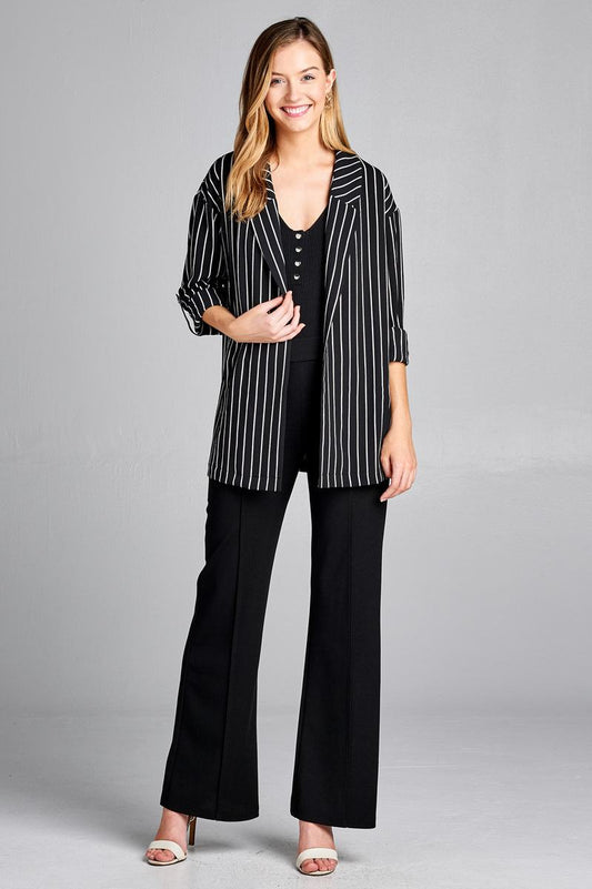 Ladies fashion 3/4 roll up sleeve open front stripe woven jacket