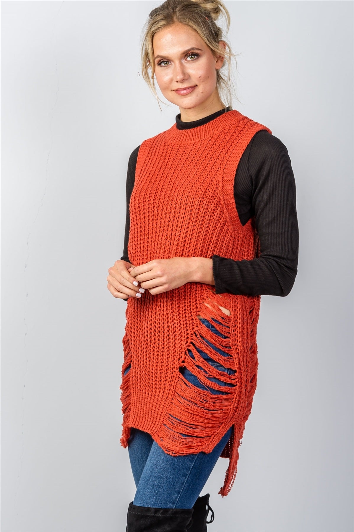 Ladies fashion round neckline sleeveless sweater knit distress sides dress