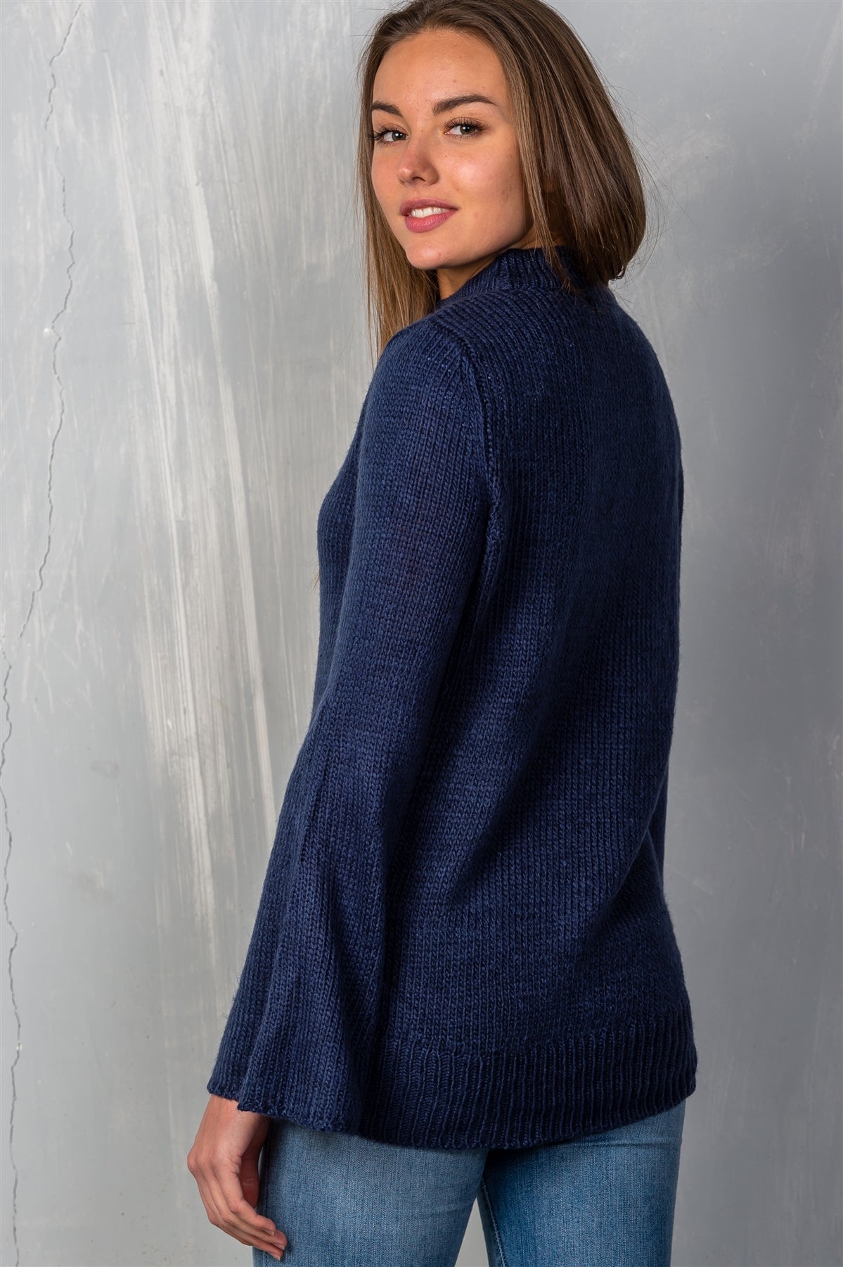 Ladies fashion mock neck solid flare sleeve knit sweater