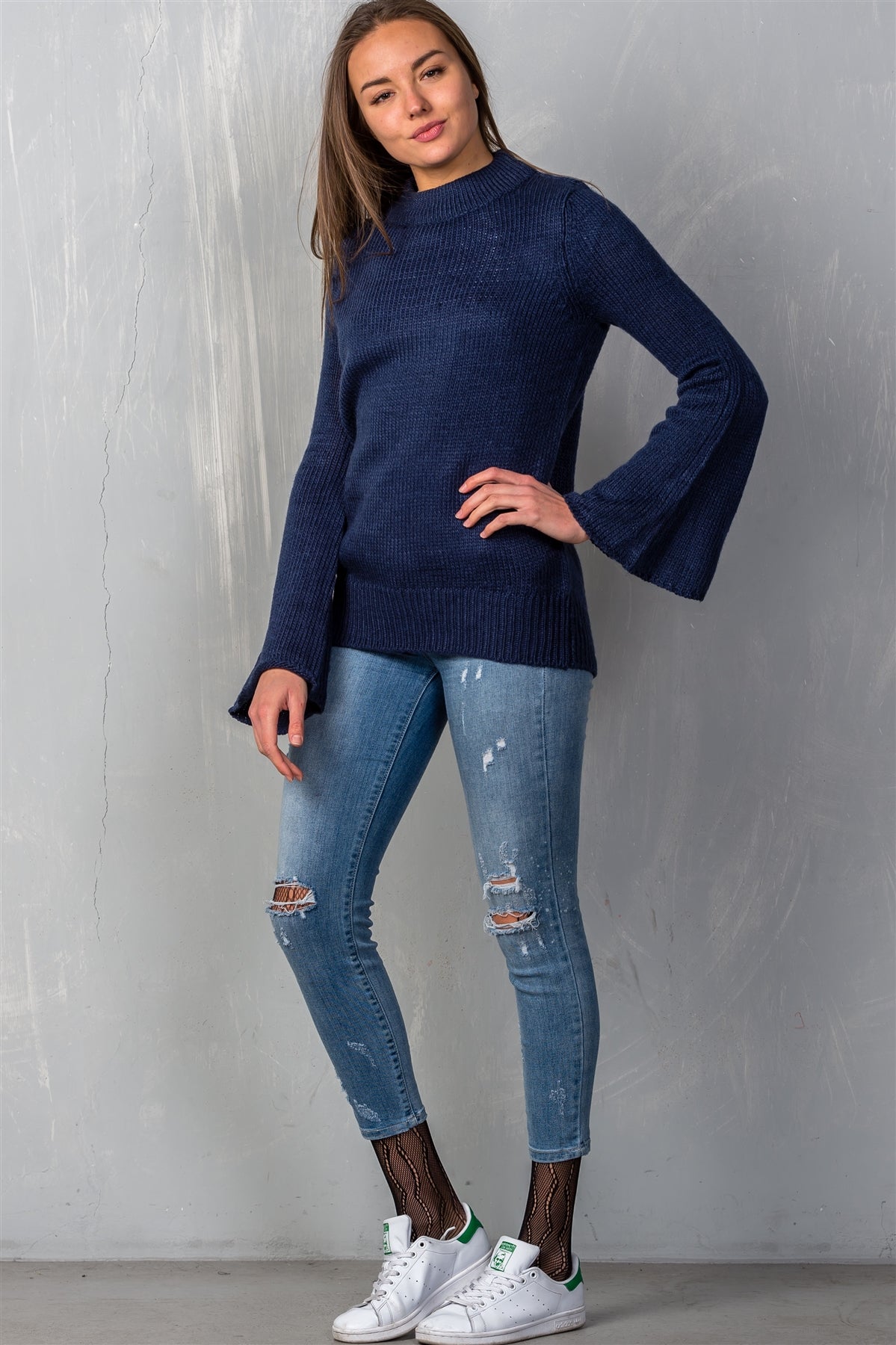 Ladies fashion mock neck solid flare sleeve knit sweater