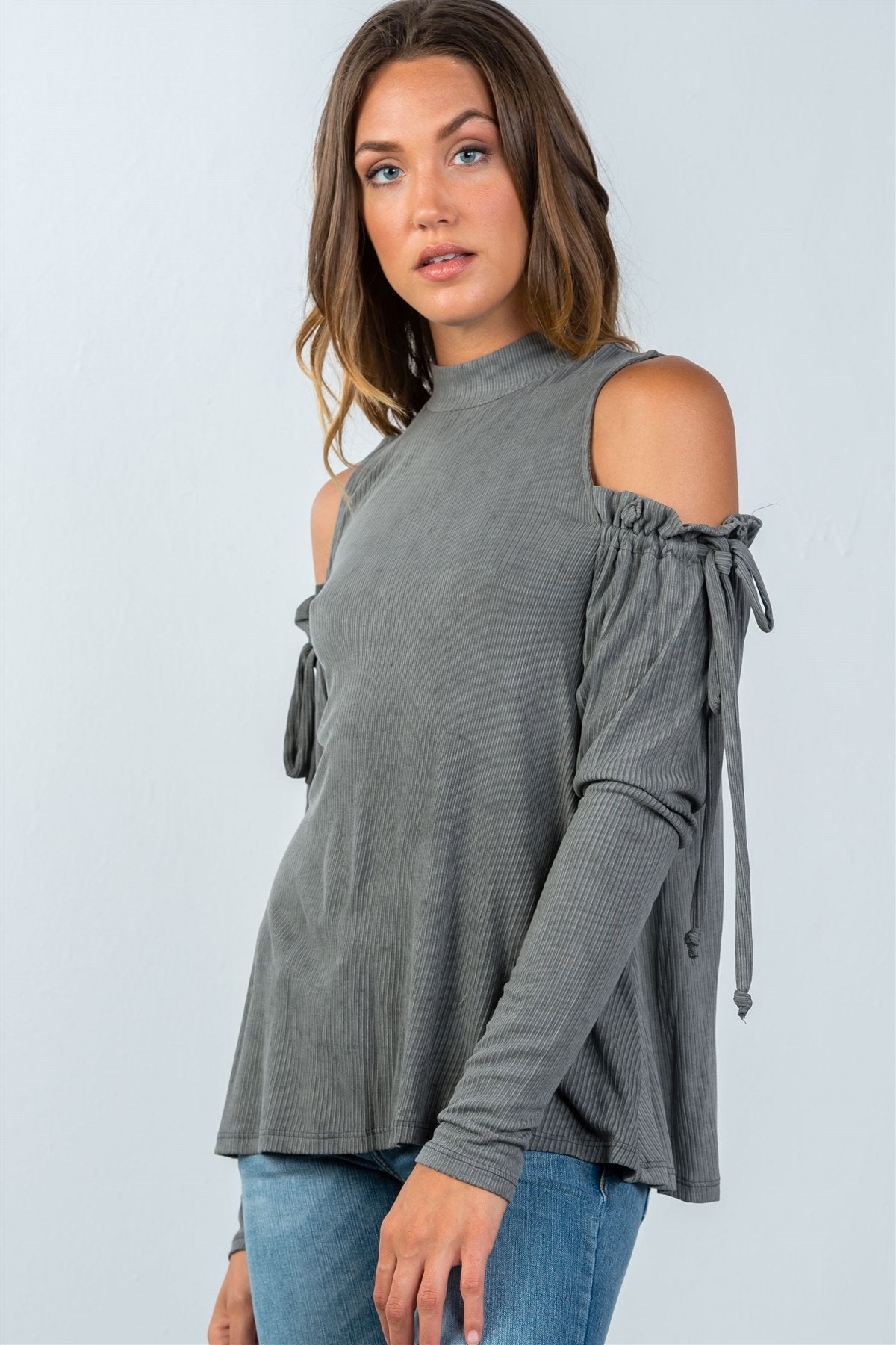 Ladies fashion high neck cold shoulder gathered sleeve top