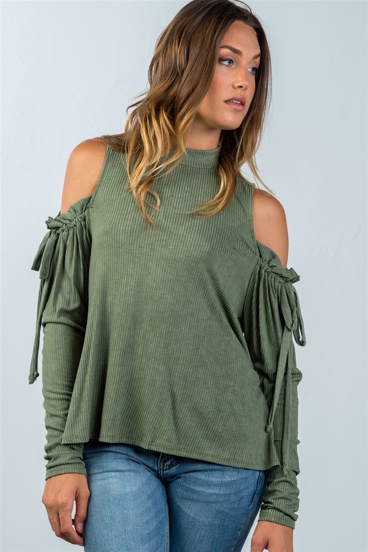 Ladies fashion high neck cold shoulder gathered sleeve top