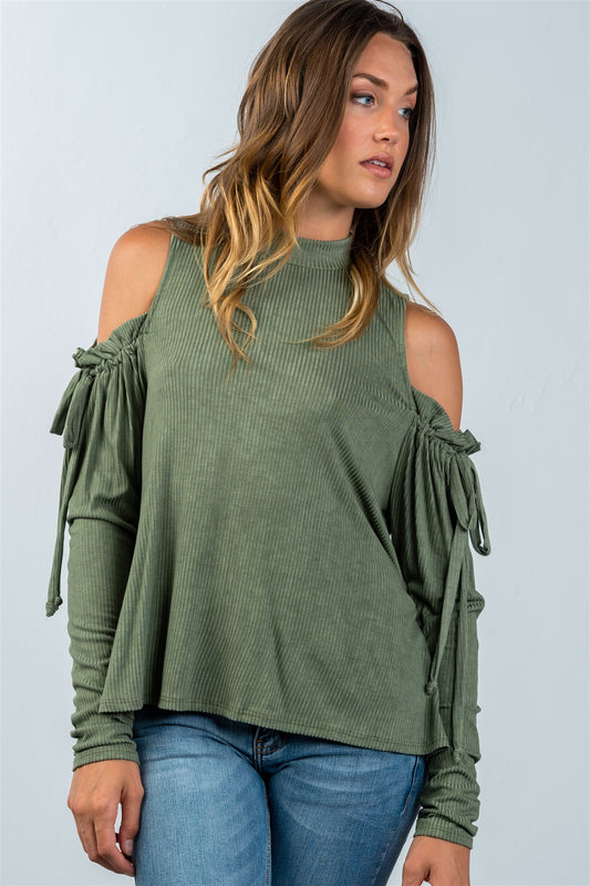 Ladies fashion high neck cold shoulder gathered sleeve top