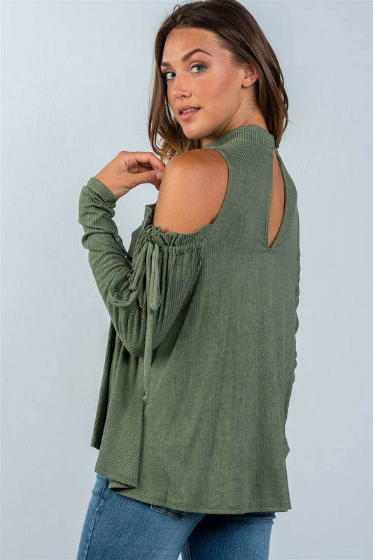 Ladies fashion high neck cold shoulder gathered sleeve top