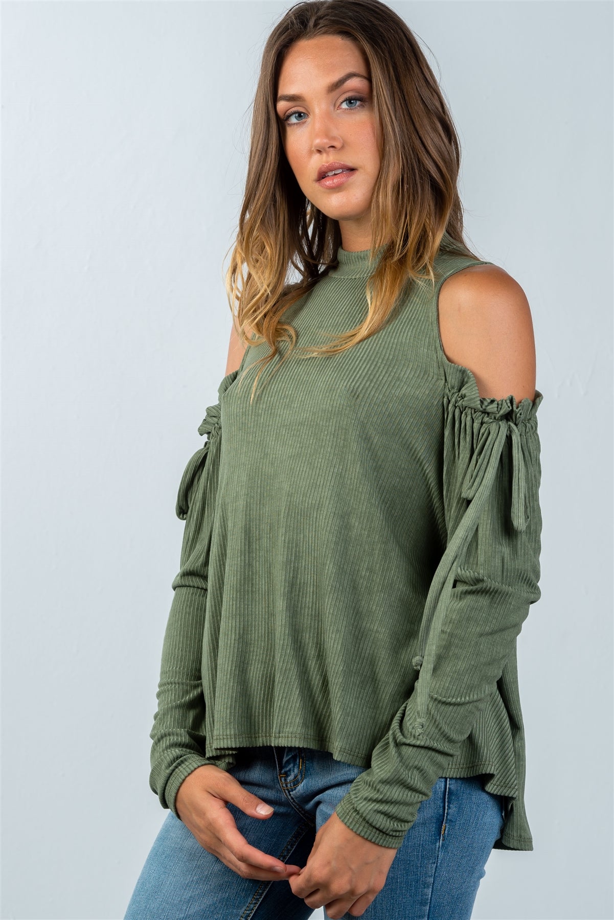 Ladies fashion high neck cold shoulder gathered sleeve top