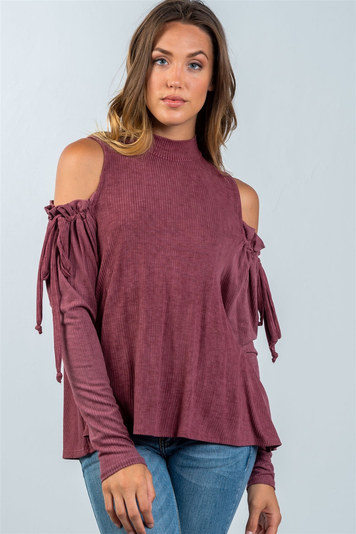 Ladies fashion high neck cold shoulder gathered sleeve top