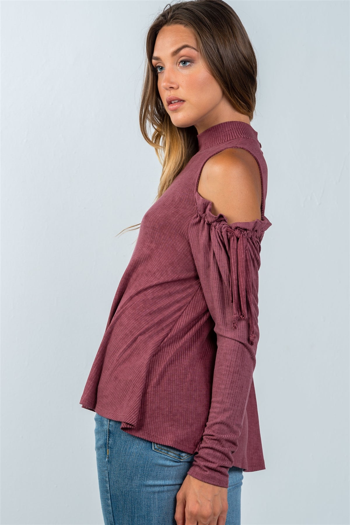 Ladies fashion high neck cold shoulder gathered sleeve top