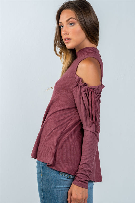 Ladies fashion high neck cold shoulder gathered sleeve top