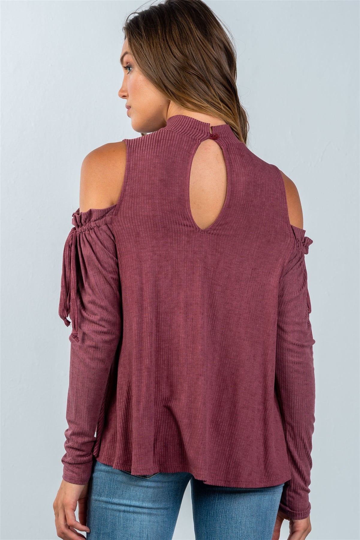 Ladies fashion high neck cold shoulder gathered sleeve top