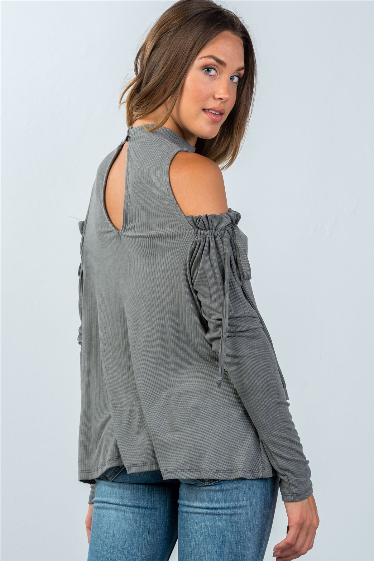 Ladies fashion high neck cold shoulder gathered sleeve top
