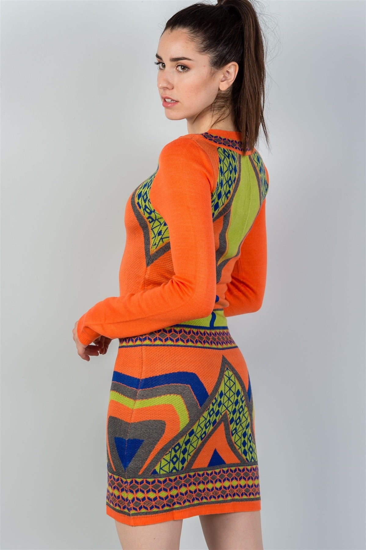 Ladies fashion long sleeve orange geo design sweater mini dress