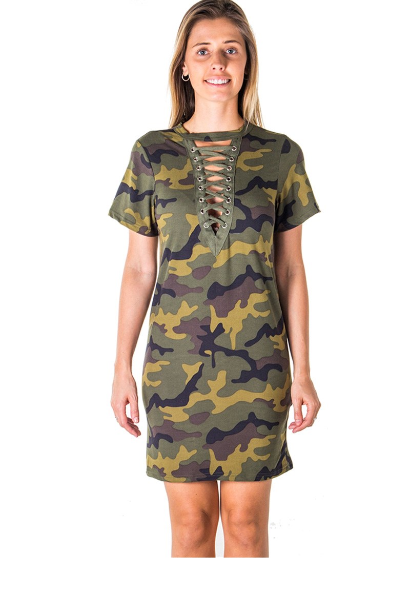 Ladies fashion camo print lace up bandage mini dress