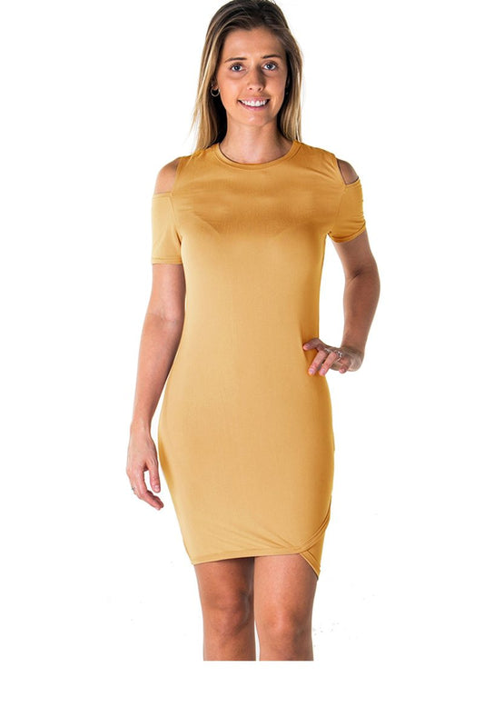 Ladies fashion casual cold shoulder with side slit mini dress