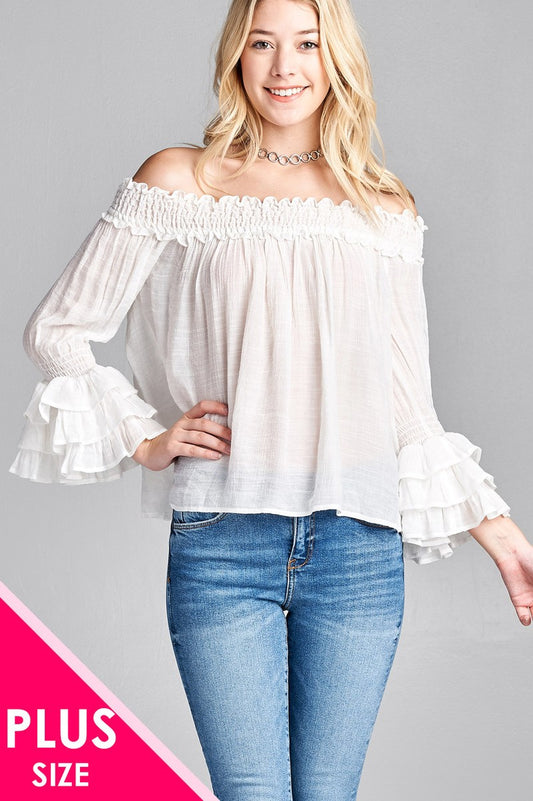 Ladies fashion plus size long sleeve w/ruffle off the shoulder woven top