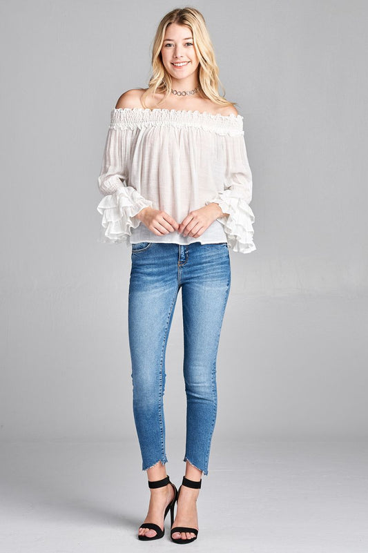 Ladies fashion plus size long sleeve w/ruffle off the shoulder woven top