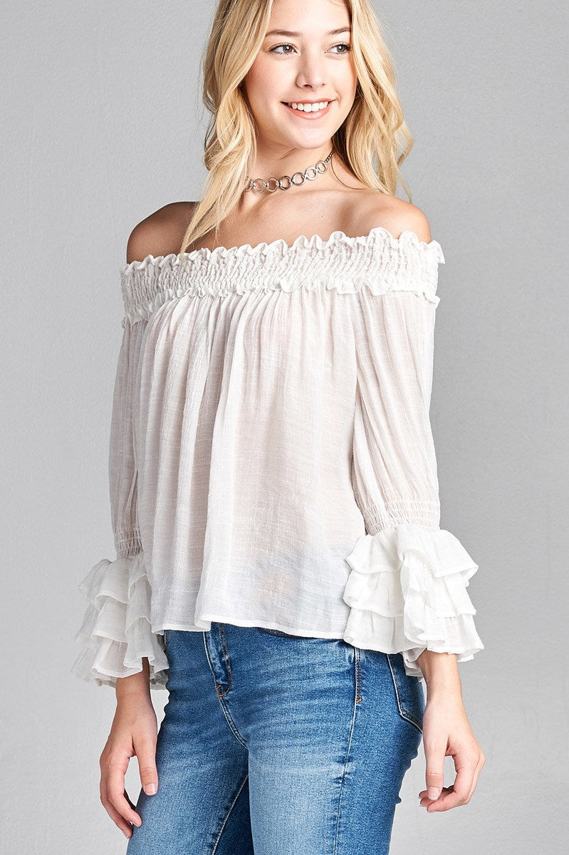 Ladies fashion plus size long sleeve w/ruffle off the shoulder woven top
