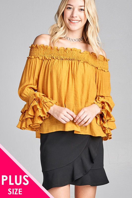 Ladies fashion plus size long sleeve w/ruffle off the shoulder woven top