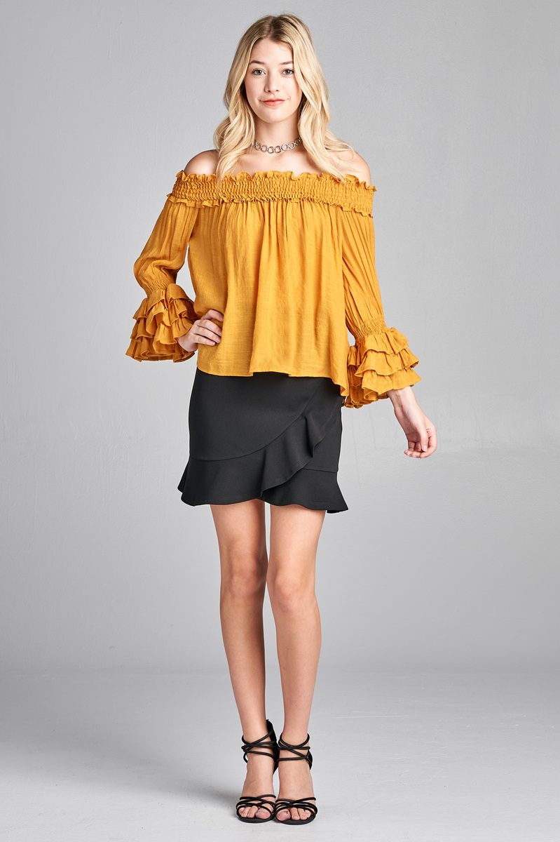 Ladies fashion plus size long sleeve w/ruffle off the shoulder woven top