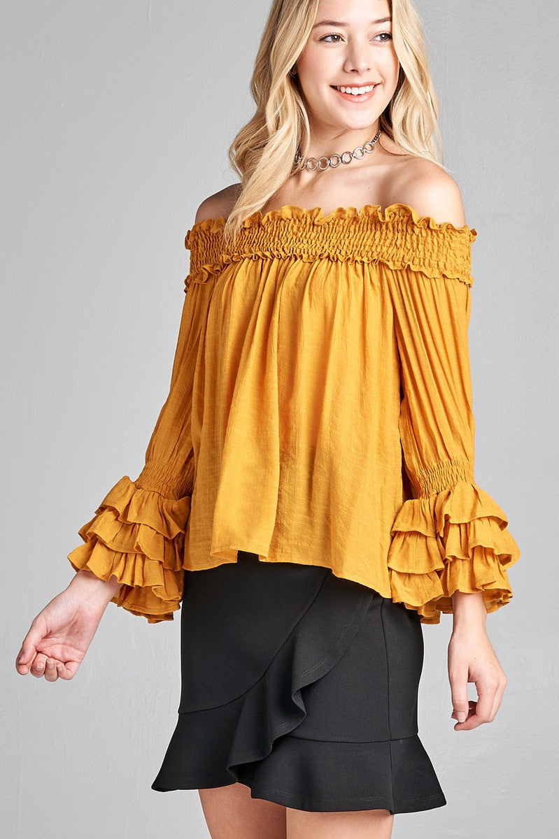 Ladies fashion plus size long sleeve w/ruffle off the shoulder woven top