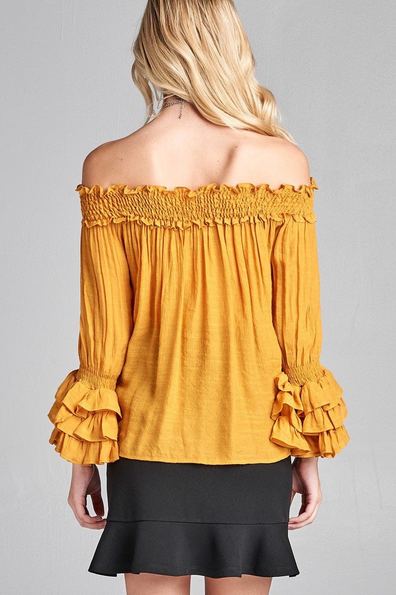 Ladies fashion plus size long sleeve w/ruffle off the shoulder woven top
