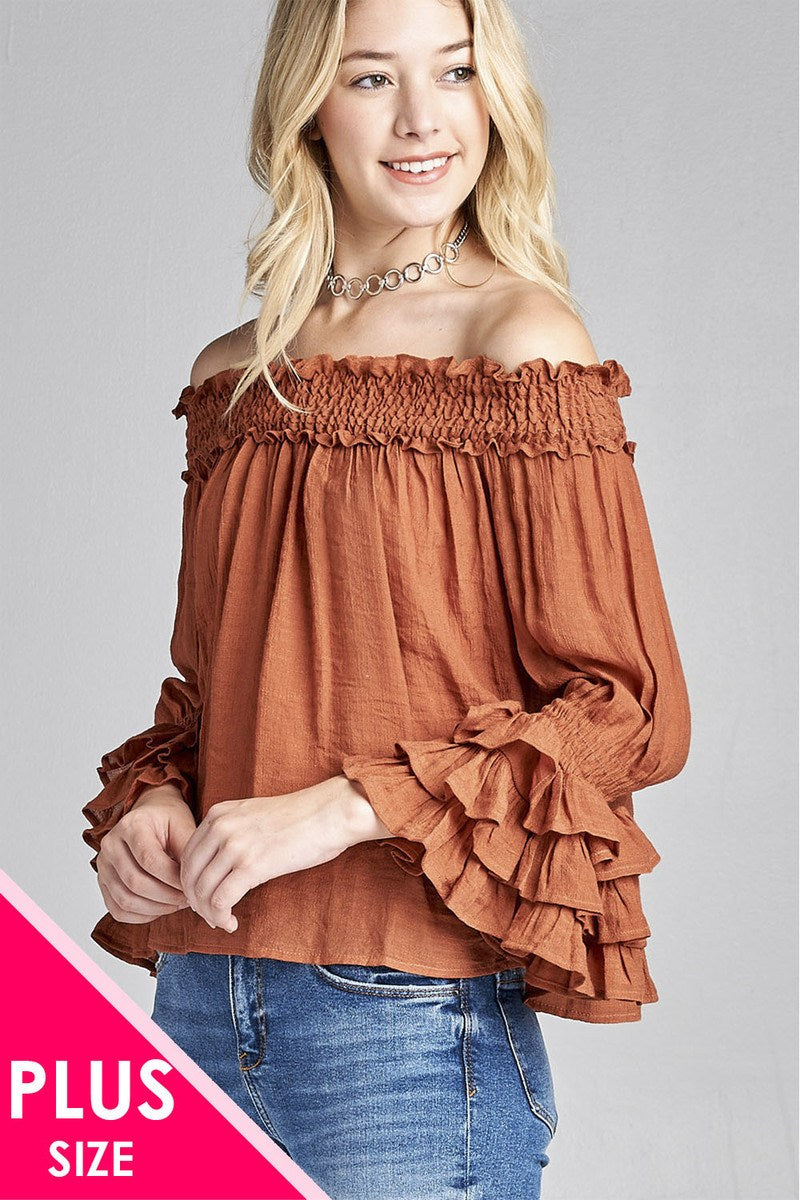 Ladies fashion plus size long sleeve w/ruffle off the shoulder woven top