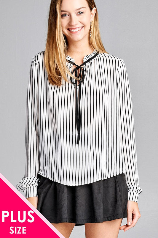 Ladies fashion plus size long sleeve contrast tie stripe wool dobby woven top