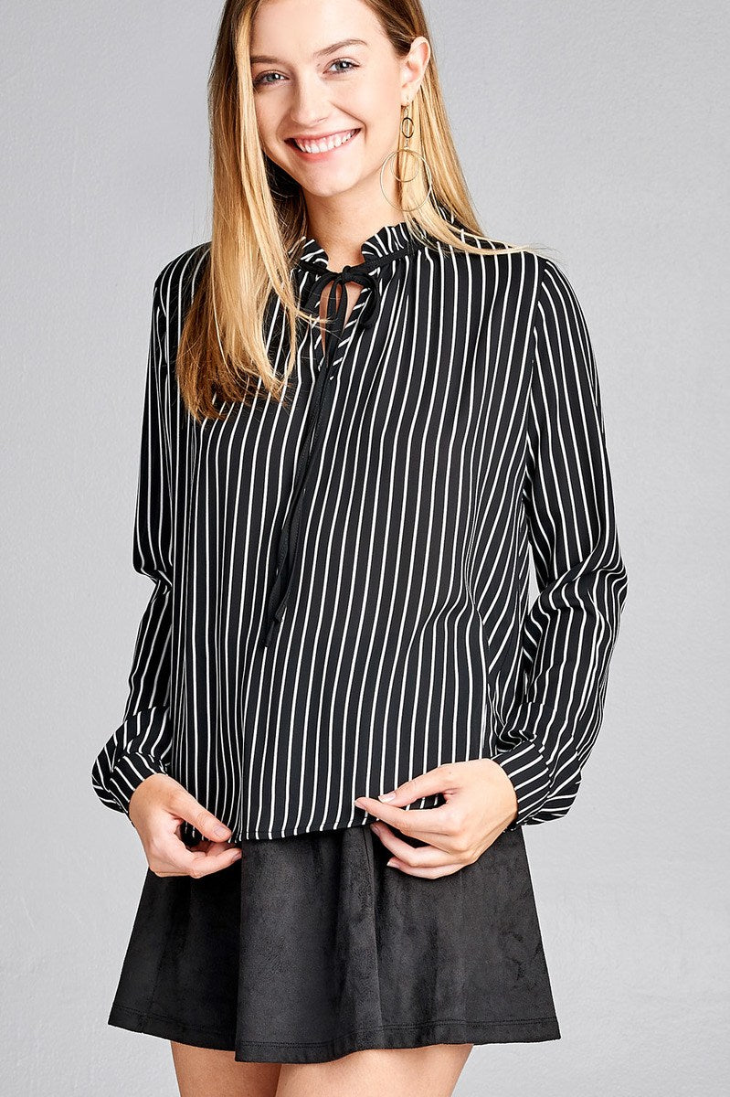 Ladies fashion plus size long sleeve contrast tie stripe wool dobby woven top