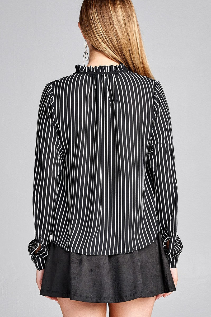 Ladies fashion plus size long sleeve contrast tie stripe wool dobby woven top