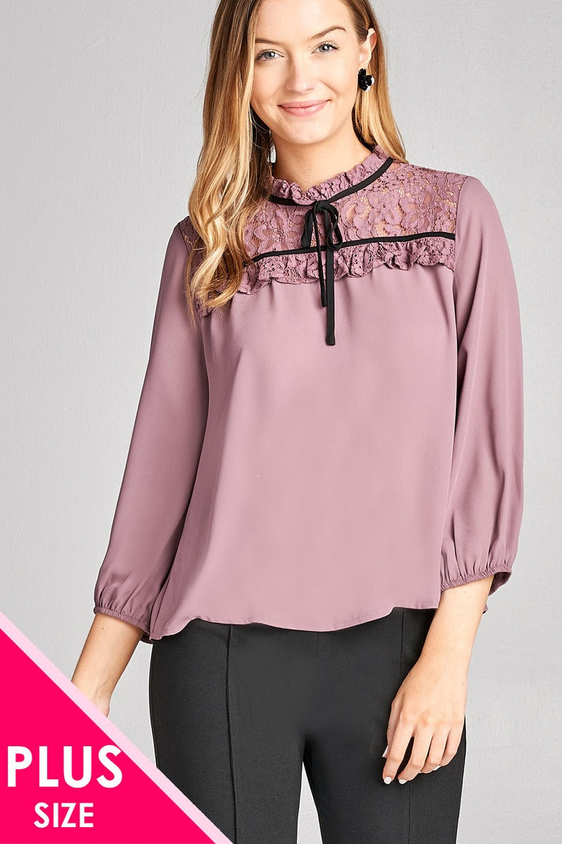Ladies fashion plus size 3/4 sleeve lace yoke detail w/contrast tie woven top
