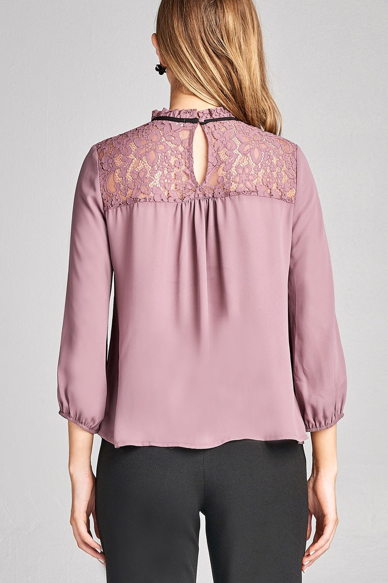 Ladies fashion plus size 3/4 sleeve lace yoke detail w/contrast tie woven top