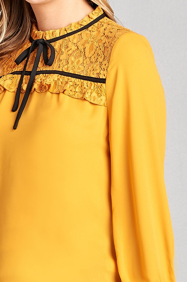 Ladies fashion plus size 3/4 sleeve lace yoke detail w/contrast tie woven top