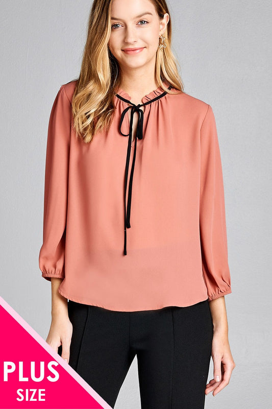Ladies fashion plus size 3/4 sleeve contrast color tie woven top