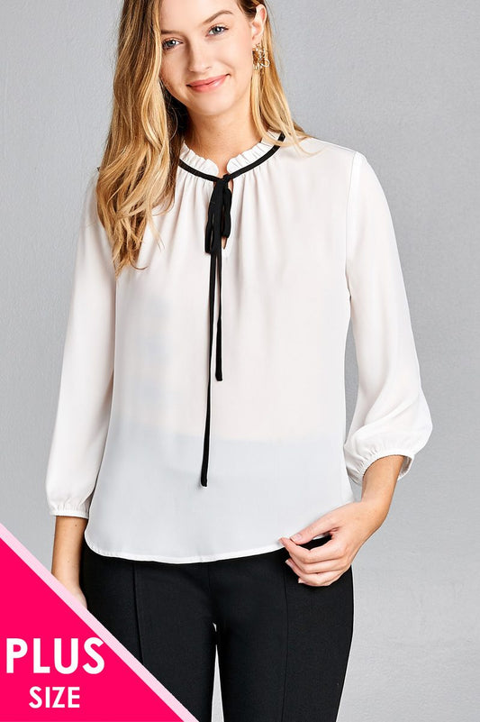 Ladies fashion plus size 3/4 sleeve contrast color tie woven top