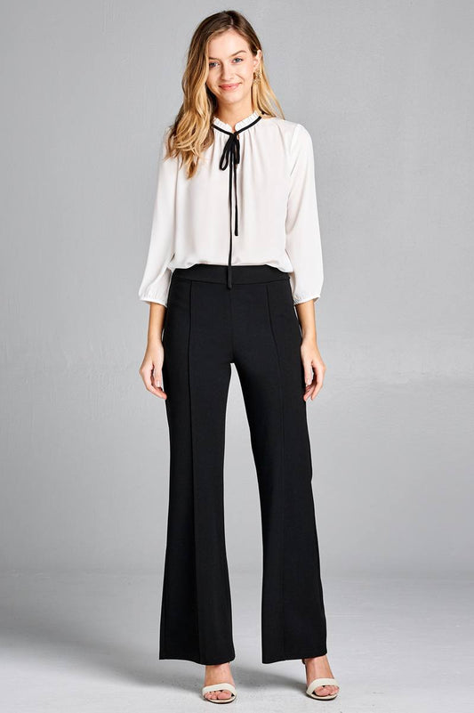Ladies fashion plus size 3/4 sleeve contrast color tie woven top